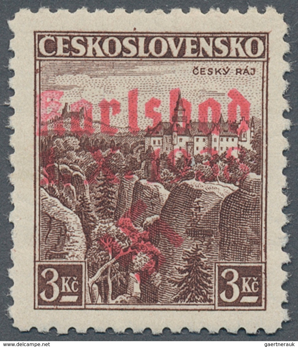 19185 Sudetenland - Karlsbad: 1938, Freimarke 3 Kr (kürzerer Zahn Links) Mit Dunkelrosa Handstempelaufdruc - Sudetenland