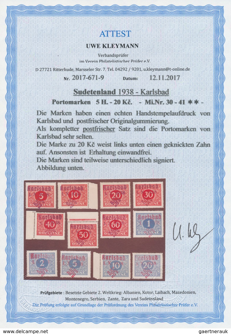 19188 Sudetenland - Karlsbad: 1938, Portomarken 5 H Bis 20 Kc Mit Echten Handstempelaufdrucken, Teils Vom - Sudetenland