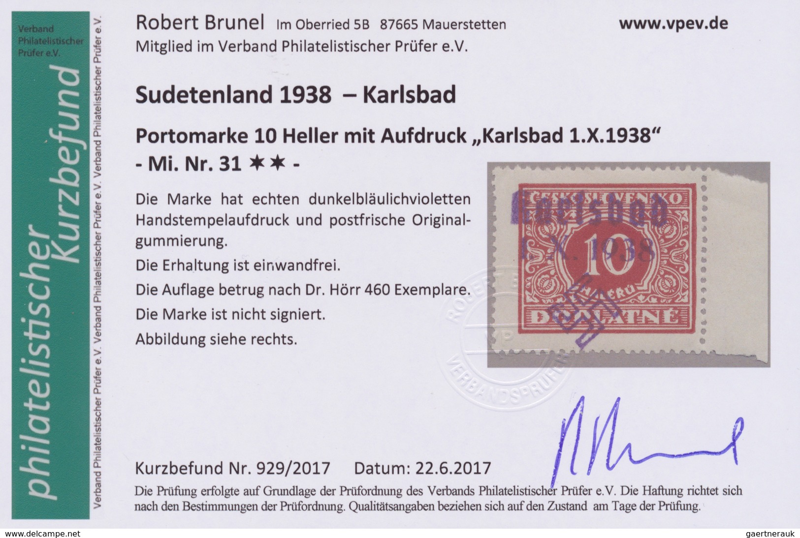 19188 Sudetenland - Karlsbad: 1938, Portomarken 5 H bis 20 Kc mit echten Handstempelaufdrucken, teils vom