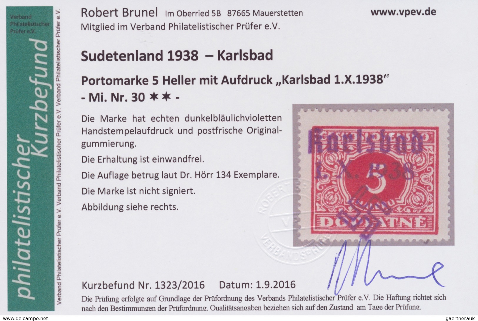 19188 Sudetenland - Karlsbad: 1938, Portomarken 5 H bis 20 Kc mit echten Handstempelaufdrucken, teils vom