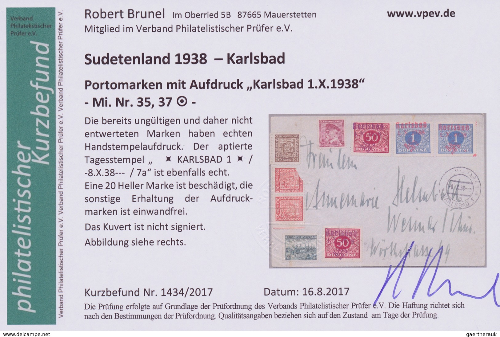 19190 Sudetenland - Karlsbad: 1938: Nachläufer. Brief Aus Karlsbad Mit Überdruck-Marken Mit Aptiertem Stem - Sudetenland