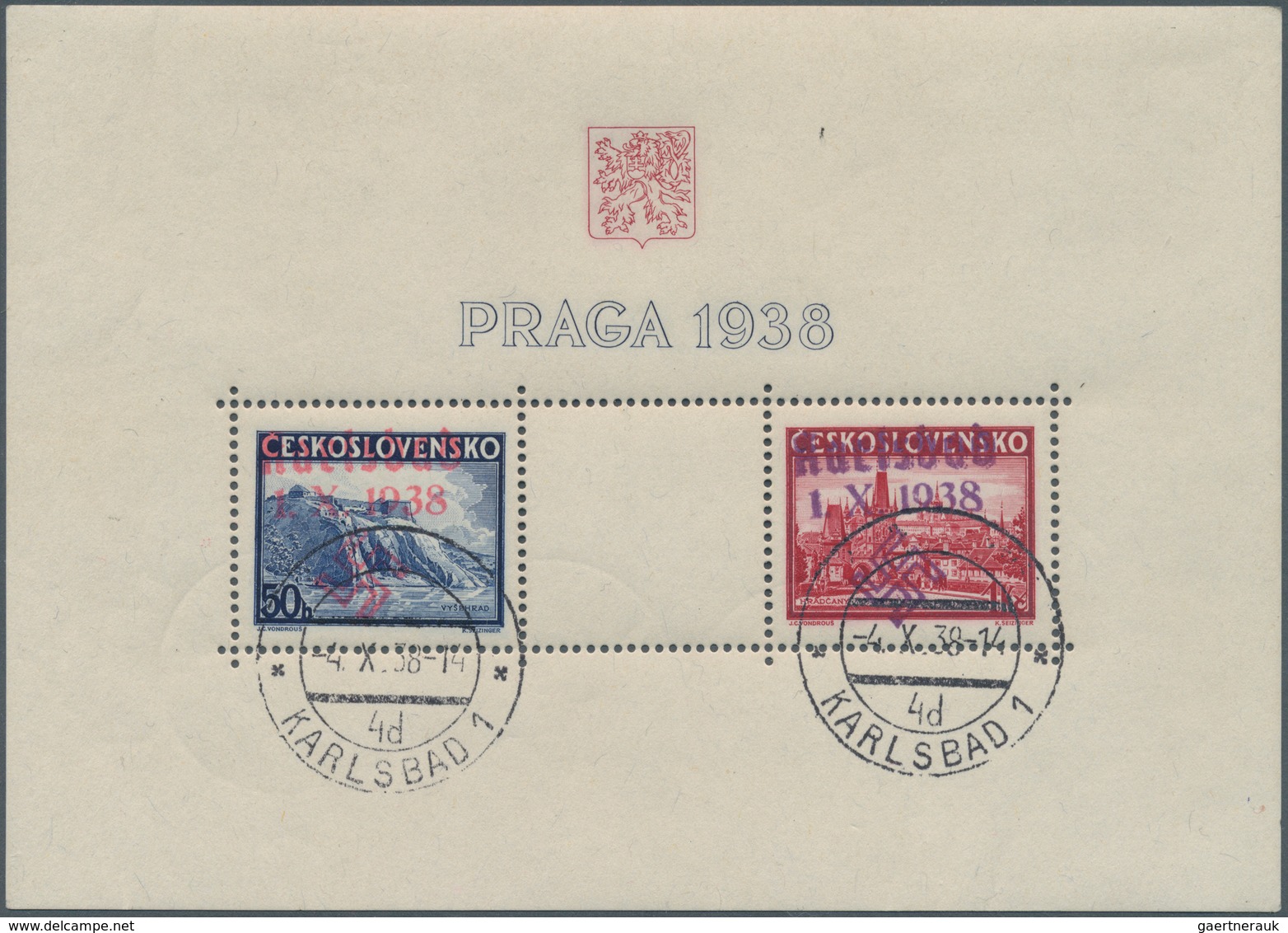 19198 Sudetenland - Karlsbad: 1938, Blockausgabe PRAGA 1938 Mit Aufdruck, Entwertet Mit Aptiertem Stempel - Sudetenland