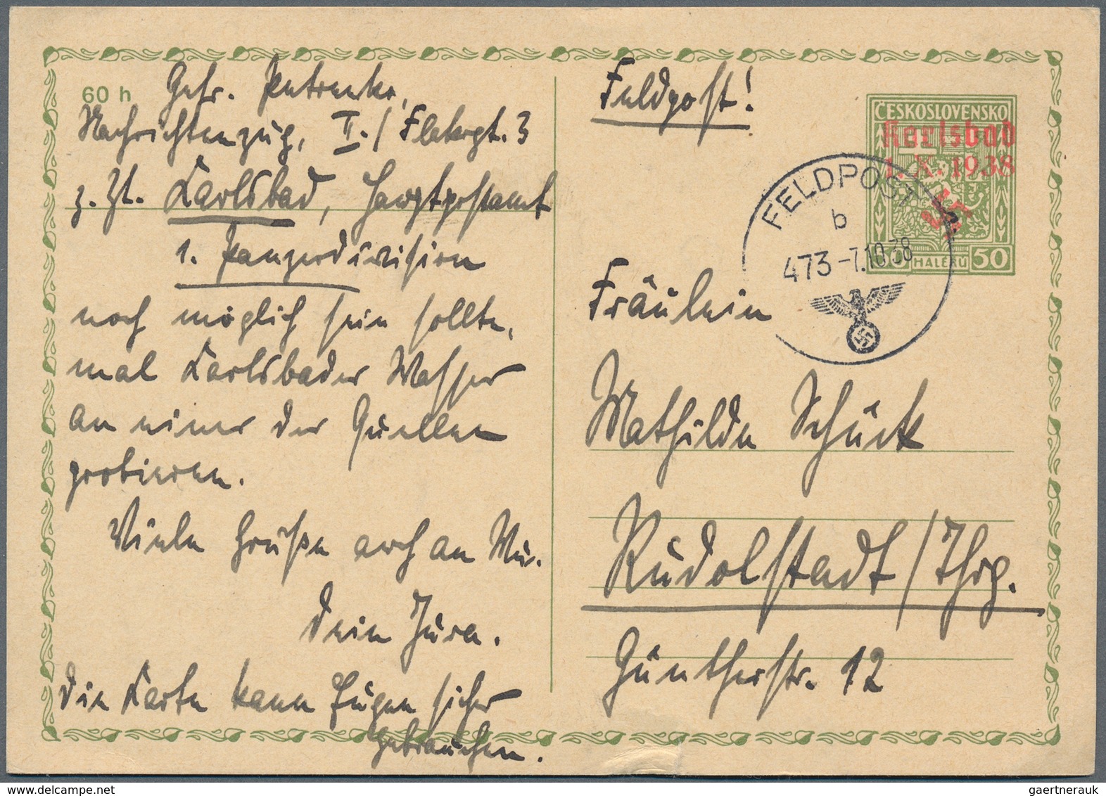 19204 Sudetenland - Karlsbad - Ganzsachen: 1938, Aufdruck-GA Karte 30 H Hellgrün Mit Rotem "Karlsbad 1.X.1 - Other & Unclassified