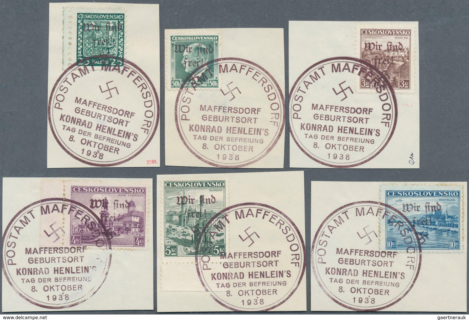 19207 Sudetenland - Maffersdorf: 1938, Mi.Nr. 14, 29, 31-34, 6 Werte Auf Briefstück Sowie Nr. 23 Auf AK (G - Sudetenland