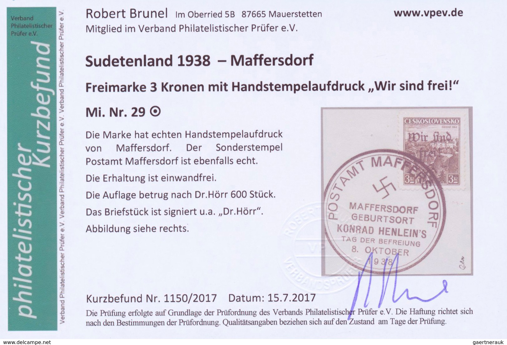 19207 Sudetenland - Maffersdorf: 1938, Mi.Nr. 14, 29, 31-34, 6 Werte auf Briefstück sowie Nr. 23 auf AK (G