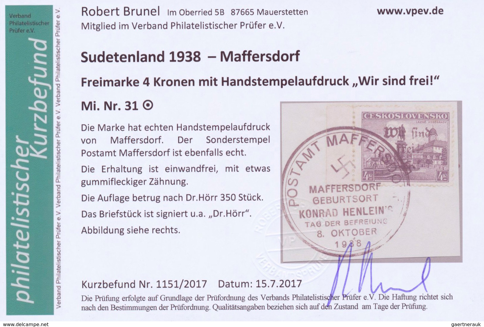 19207 Sudetenland - Maffersdorf: 1938, Mi.Nr. 14, 29, 31-34, 6 Werte auf Briefstück sowie Nr. 23 auf AK (G