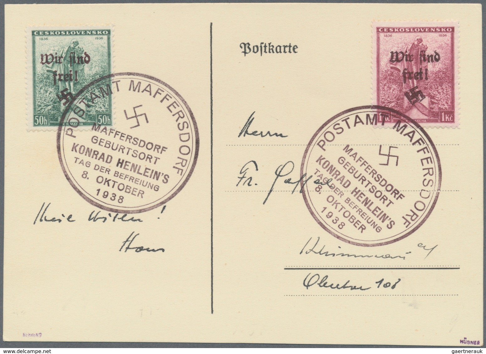 19211 Sudetenland - Maffersdorf: 1938, 50 H. Und 1 Kc. Mácha Je Mit Stempel "POSTAMT MAFFERSDORF 8.OKTOBER - Sudetenland