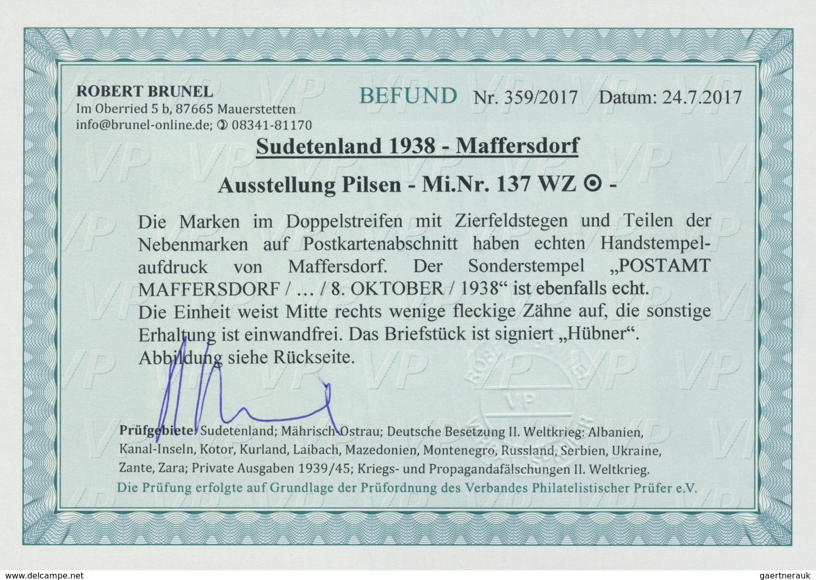 19214 Sudetenland - Maffersdorf: 1938: Pilsen, 2 Waagerechte Zwischenstegpaare Auf Briefstück Mit Zentrisc - Sudetenland