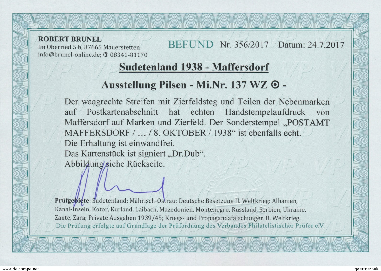 19215 Sudetenland - Maffersdorf: 1938: Pilsen/Kaschau, Beide Zwischensteegpaare Mit überdrucktem Zierfeld - Sudetenland