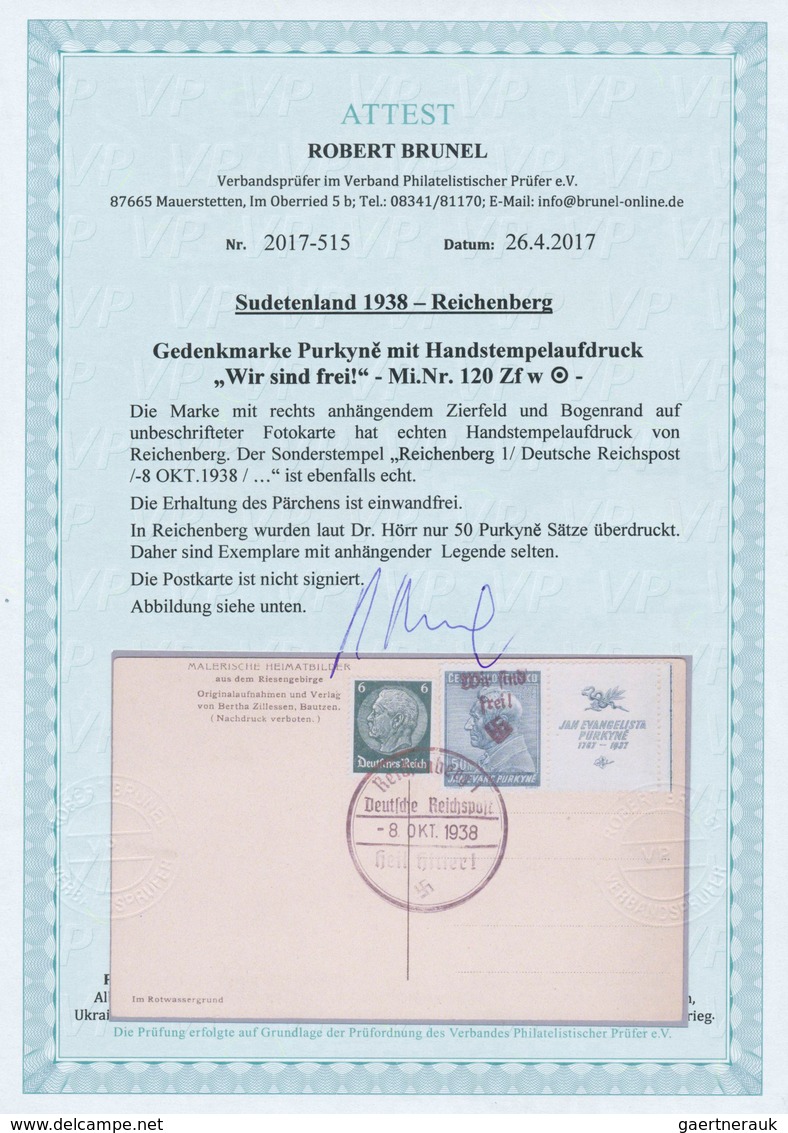 19246 Sudetenland - Reichenberg: 1938, Gedenkmarke Purkyne 50 Heller Mit Rechts Anhängendem Zierfeld Und B - Sudetenland