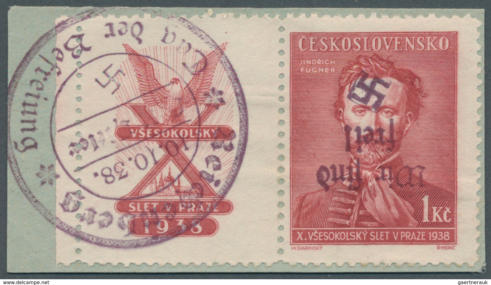 19251 Sudetenland - Reichenberg: 1938, 1 Kc. Fügner Mit Zierfeld Links Und Bogenrand, Karminrot Mit KOPFST - Sudetenland