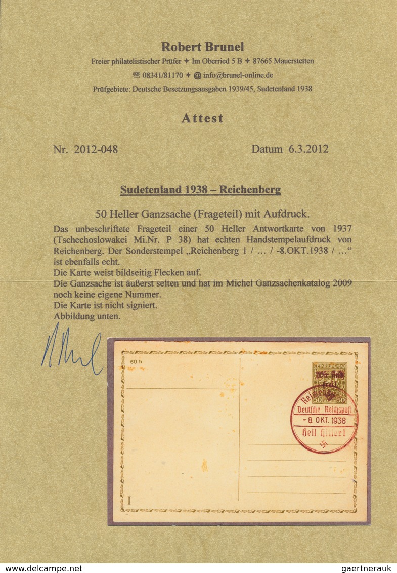 19257 Sudetenland - Reichenberg - Ganzsachen: 1938, 50 H. Ganzsachen-Fragekarten-UNIKAT (!) Mit Handstempe - Other & Unclassified