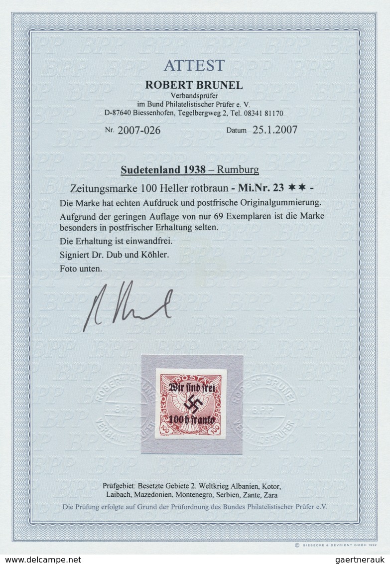 19260 Sudetenland - Rumburg: 1938, Zeitungsmarken Mit Handstempelaufdrucken Und Postfrischer Originalgummi - Région Des Sudètes
