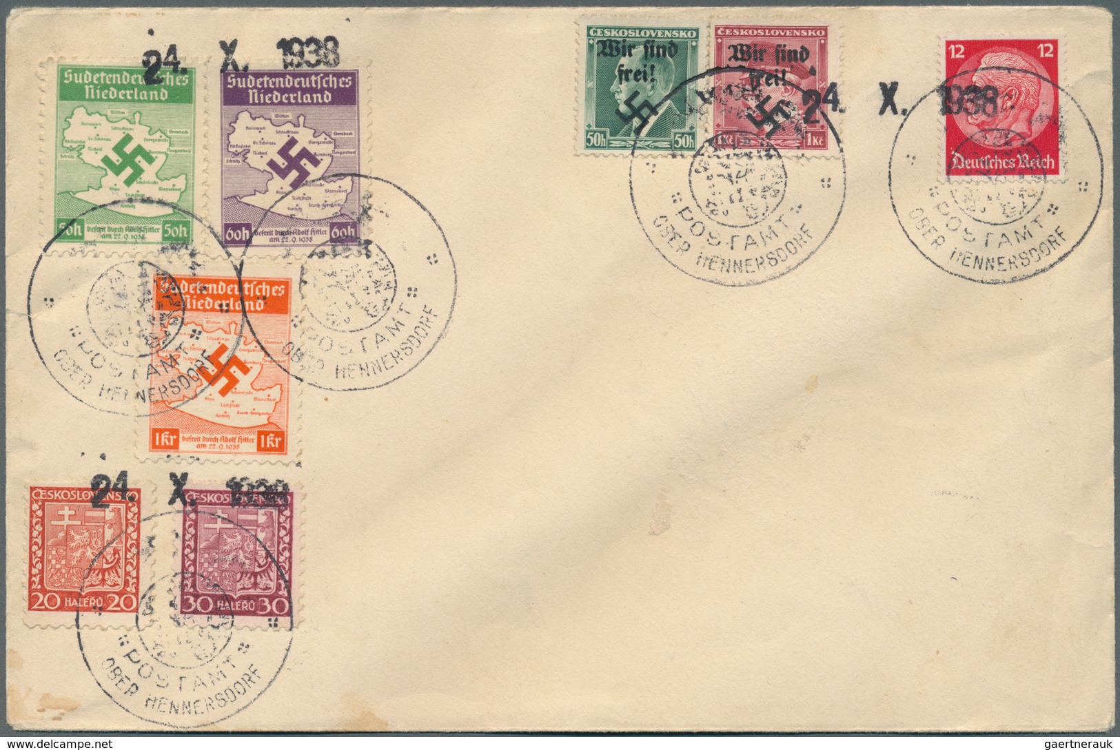 19269 Sudetenland - Sudetendeutsches Niederland: 1938, 50 H Grün, 60 H Violett Und 1 Kr Orange, Kompletter - Sudetenland