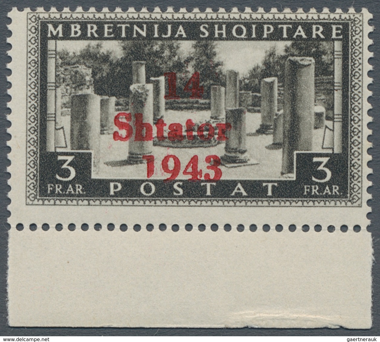 19305 Dt. Besetzung II WK - Albanien: 1943, "3 Fr. Mit Aufdruckabart 1 Von 1943 Verkürzt", Tadellos Postfr - Occupation 1938-45