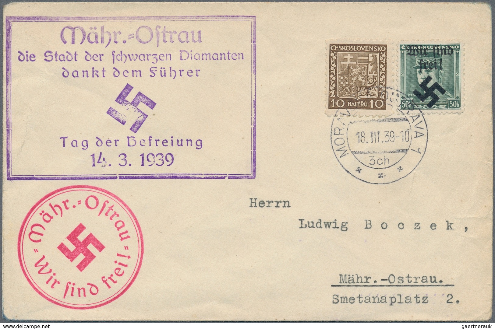 19337 Dt. Besetzung II WK - Böhmen Und Mähren - Mährisch-Ostrau: 1939, Freimarke 50 H. Mit Handstempelaufd - Besetzungen 1938-45