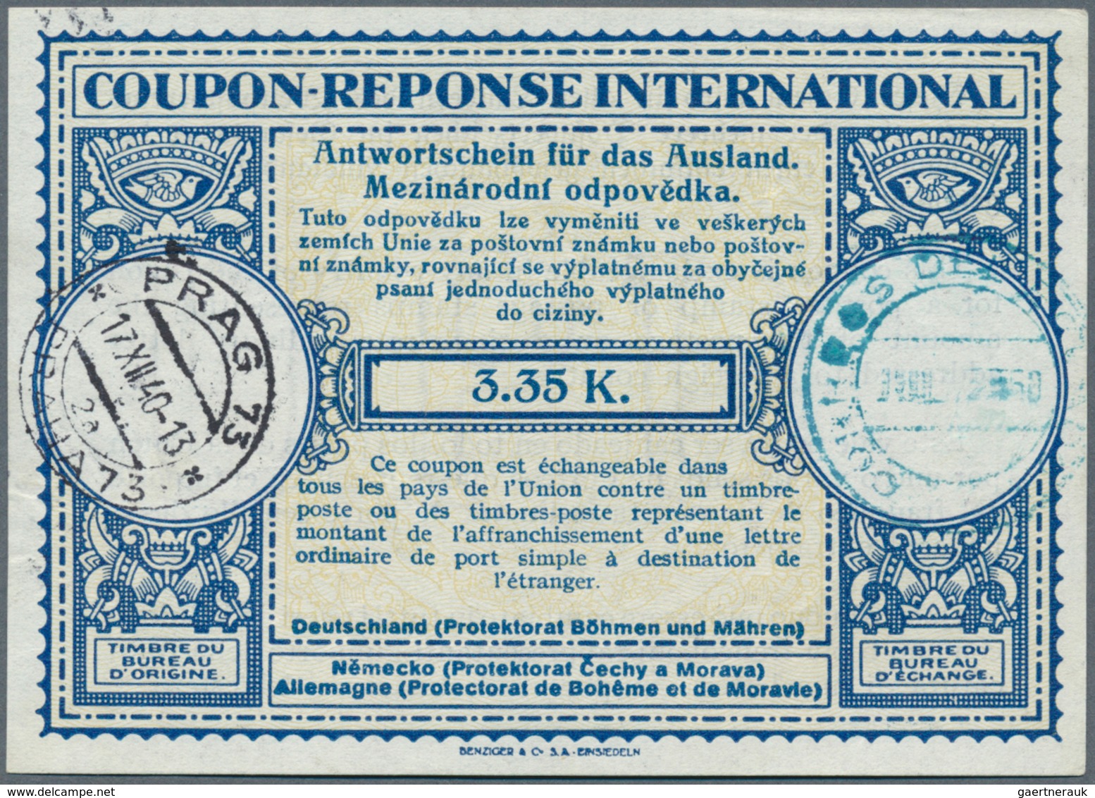 19340 Dt. Besetzung II WK - Böhmen Und Mähren - Ganzsachen: 1940, 3.35 K Internationaler Antwortschein, En - Occupation 1938-45