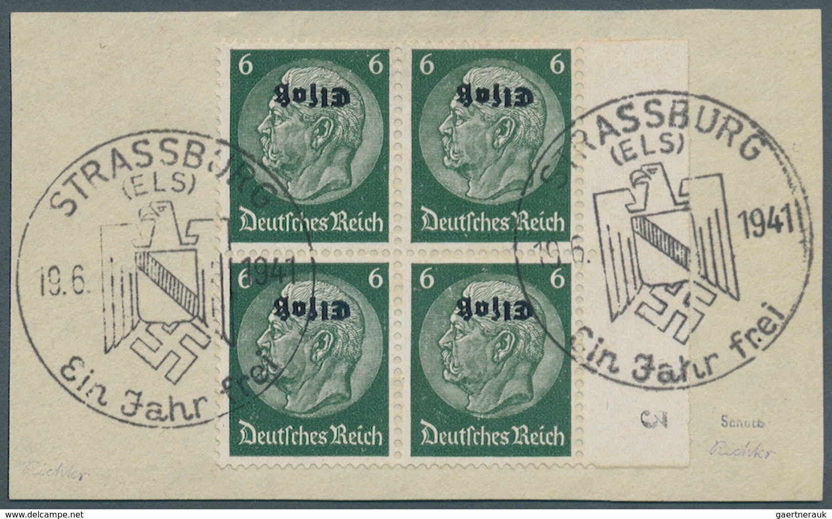 19343A Dt. Besetzung II WK - Elsass: 1940, 6 Pfg. Hindenburg-Medaillon Mit KOPFSTEHENDEM Aufdruck, Randvier - Occupation 1938-45