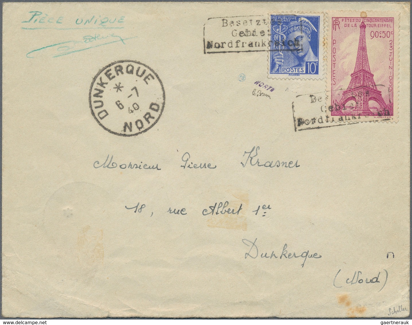 19368 Dt. Besetzung II WK - Frankreich - Dünkirchen: 1940, Ortsbrief Mit 10 C. Merkur Blau (FR Nr.: 376) U - Occupation 1938-45