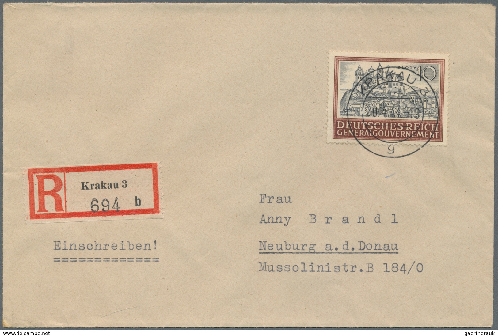 19428 Dt. Besetzung II WK - Generalgouvernement: 1944, 10 Kr. Burg Und Stadt Krakau Auf (überfrankiertem) - Occupation 1938-45