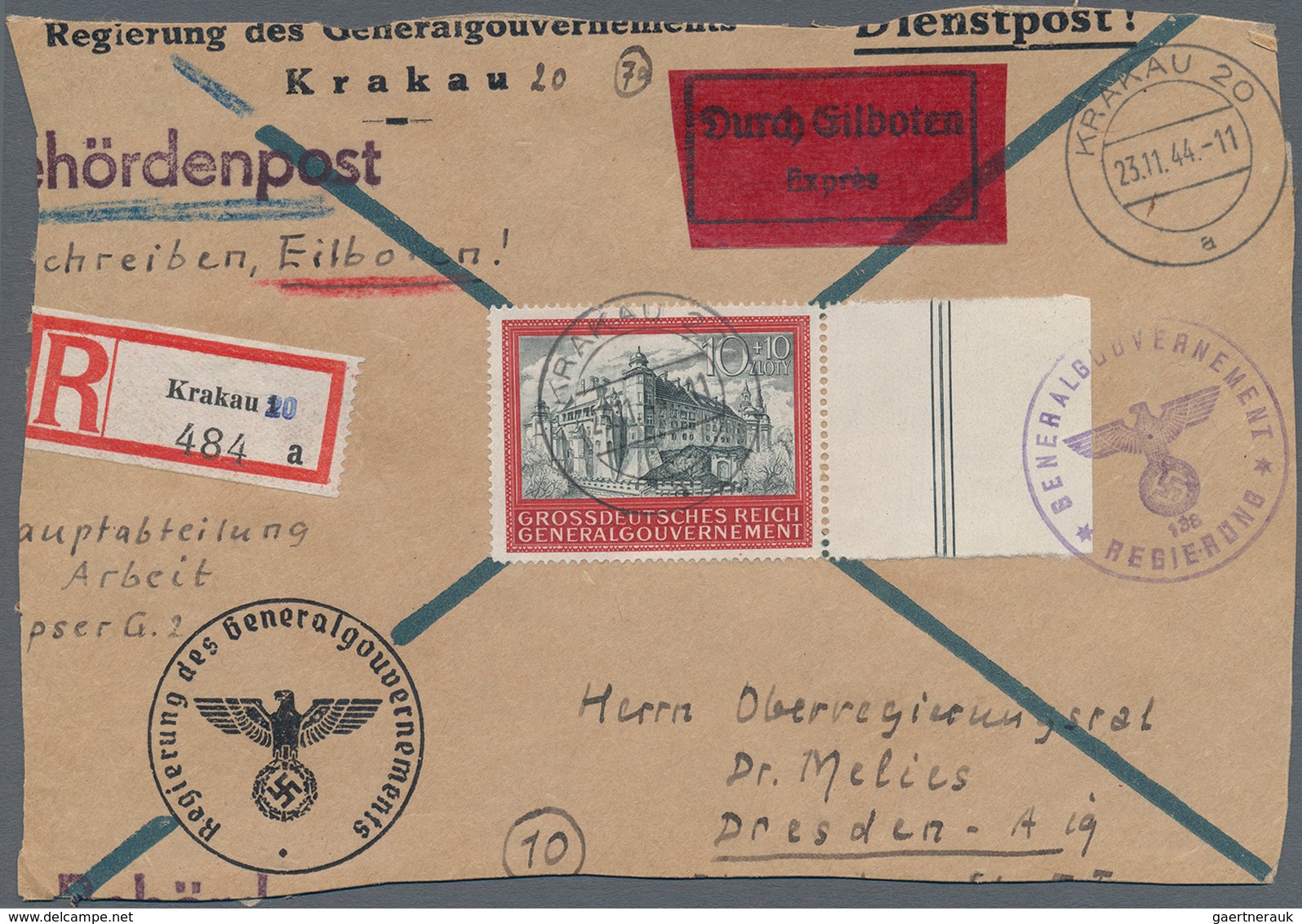 19434 Dt. Besetzung II WK - Generalgouvernement: 1944. Krakau Burg 10Zl Als EF Auf Eilboten-R-Paketadresse - Occupation 1938-45