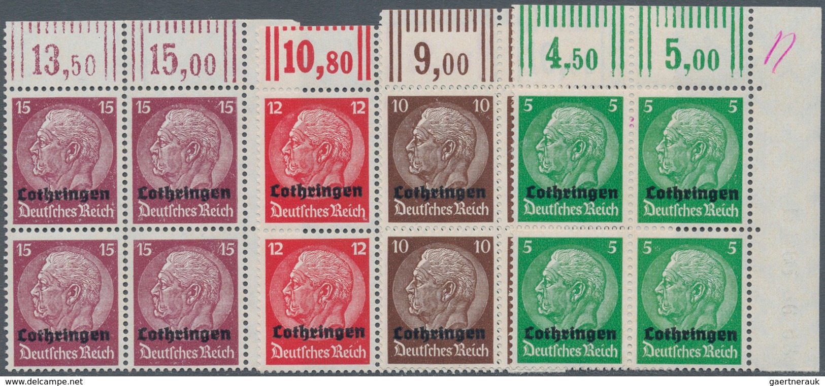 19468A Dt. Besetzung II WK - Lothringen: 1940, Freimarken In Viererblocks Vom Rechten Oberen Blockrand, Bei - Occupation 1938-45