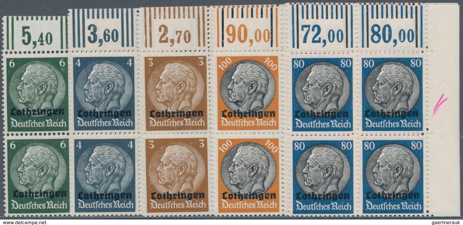 19468A Dt. Besetzung II WK - Lothringen: 1940, Freimarken In Viererblocks Vom Rechten Oberen Blockrand, Bei - Occupation 1938-45