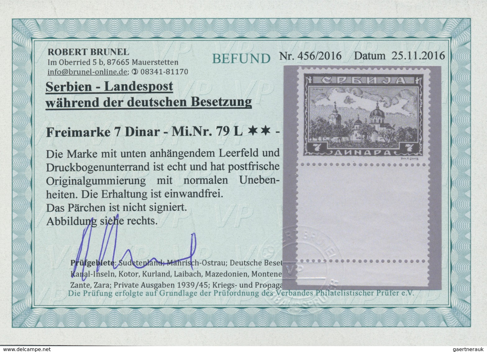 19513 Dt. Besetzung II WK - Serbien: 7 Din. Mit Senkrechtem Leerfeld, Postfrisch, Befund Brunel VP. - Occupation 1938-45