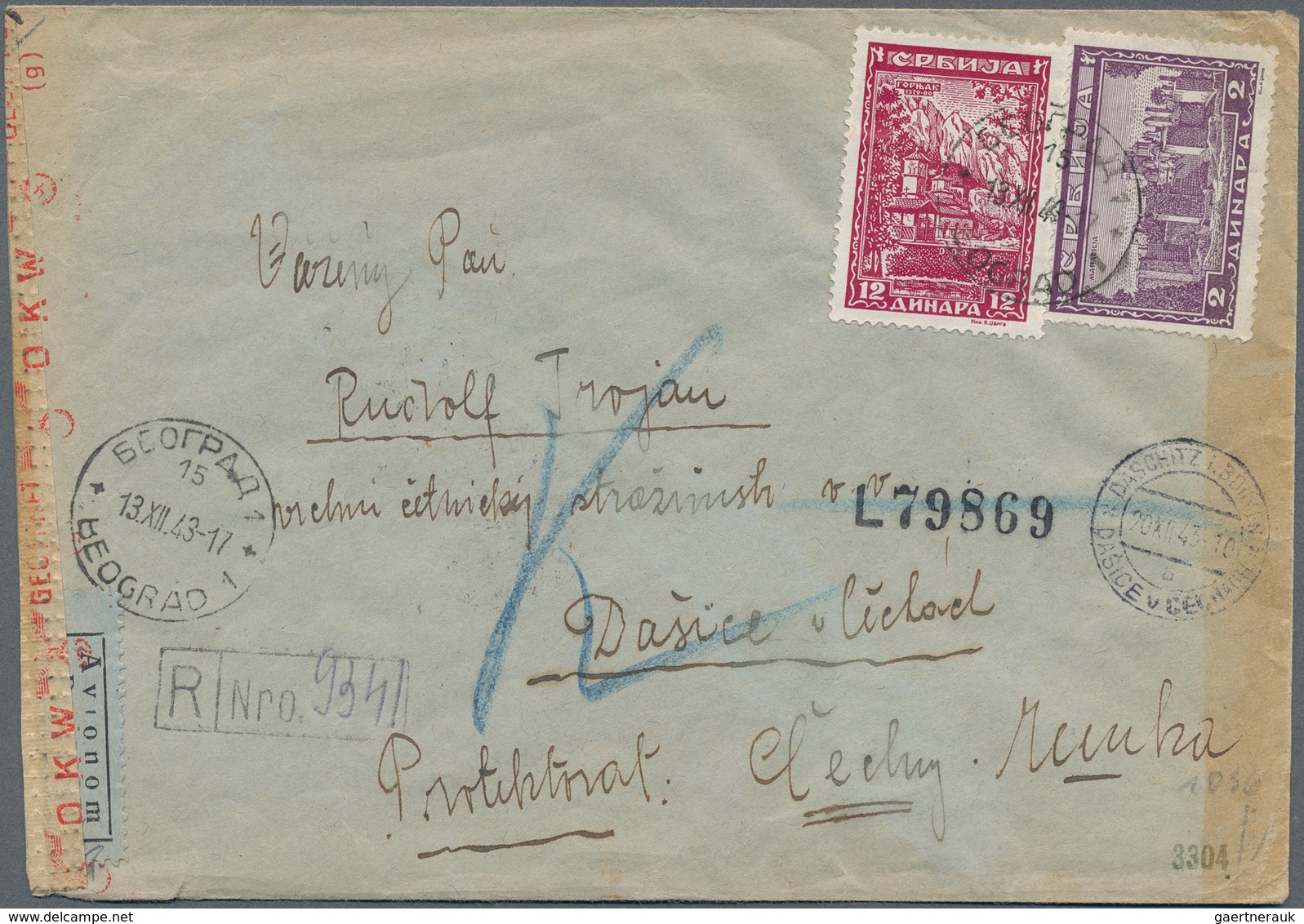 19514 Dt. Besetzung II WK - Serbien: 1943: Klöster 12 + 2 Din. Auf Sauberem Luftpost-R-Brief Mit OKW-Zensu - Occupation 1938-45