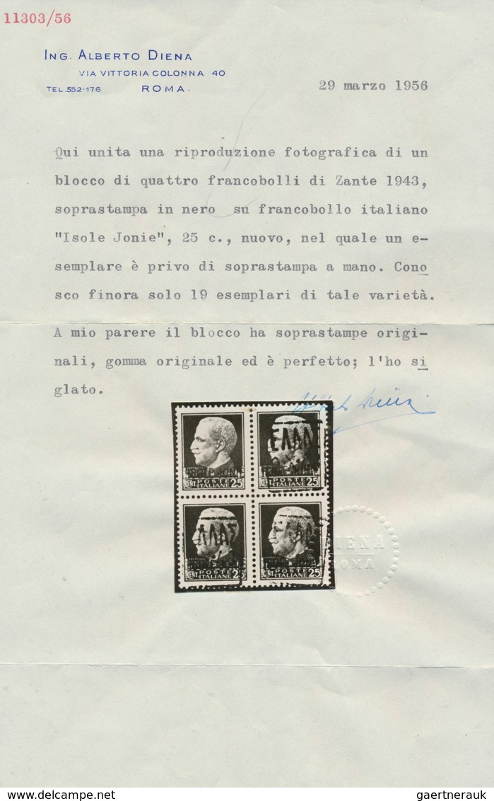 19528 Dt. Besetzung II WK - Zante: 1943, "25 C. Schwarzgrün" Im Postfrischen Viererblock, Dabei Die Marke - Occupation 1938-45