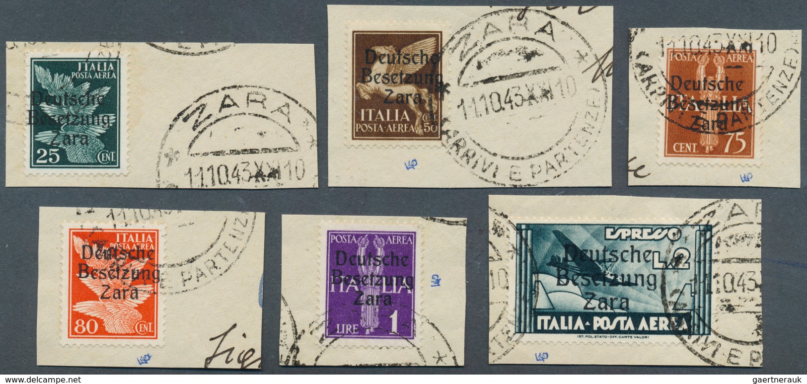 19559 Dt. Besetzung II WK - Zara: 1943, Flugpostmarken Mit Aufdruck 25 C., 50 C., 75 C., 80 C. Und 1 Lire - Occupation 1938-45