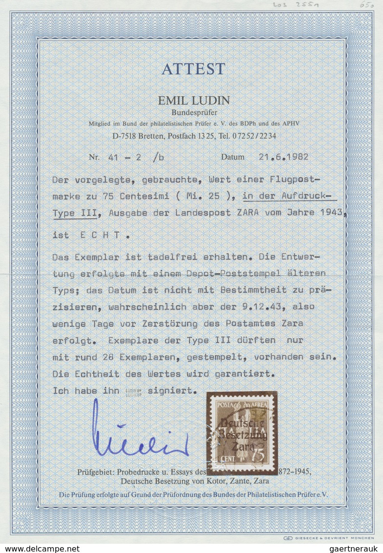 19561 Dt. Besetzung II WK - Zara: 1943, Flugpost 75 C Gelbbraun "Deutsche Besetzung Zara", Aufdruck-Type I - Occupation 1938-45