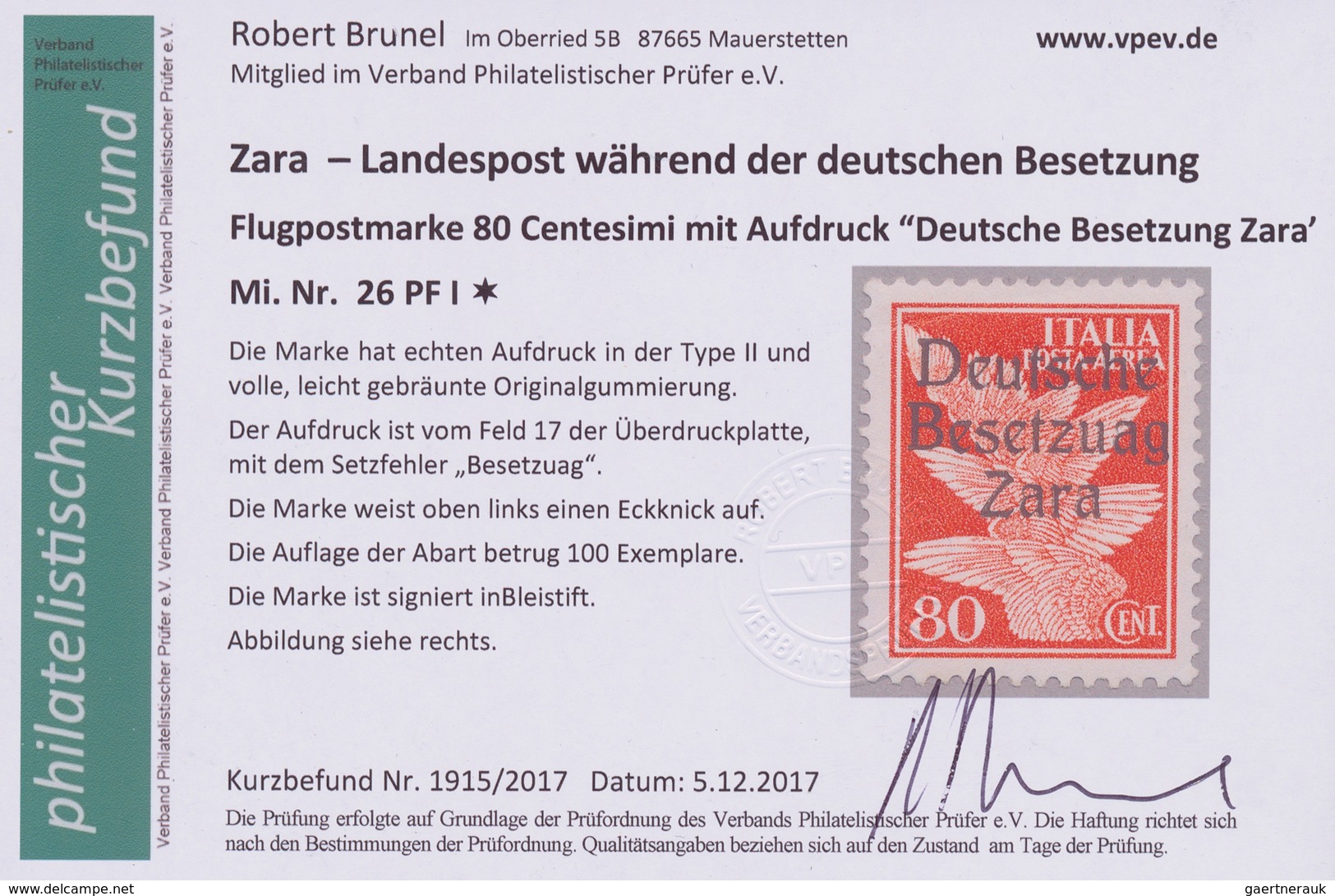 19562 Dt. Besetzung II WK - Zara: 1943, 80 C. Mit Aufdruck-Setzfehler "Besetzuag" (Feld 17), Postfrisch Mi - Occupation 1938-45