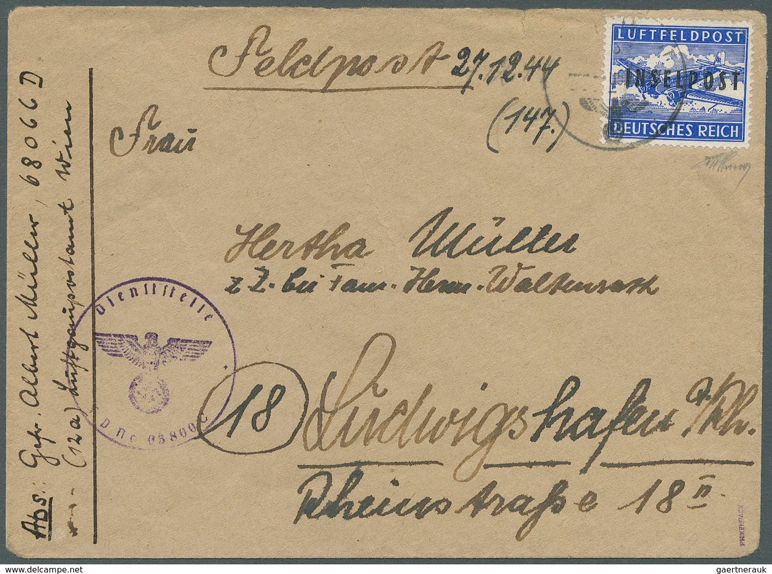 19579 Feldpostmarken: 1944, Insel Rhodos, Die Gezähnte Luftfeldpostzulassungsmarke Mit Schwarzem Lokalaufd - Other & Unclassified