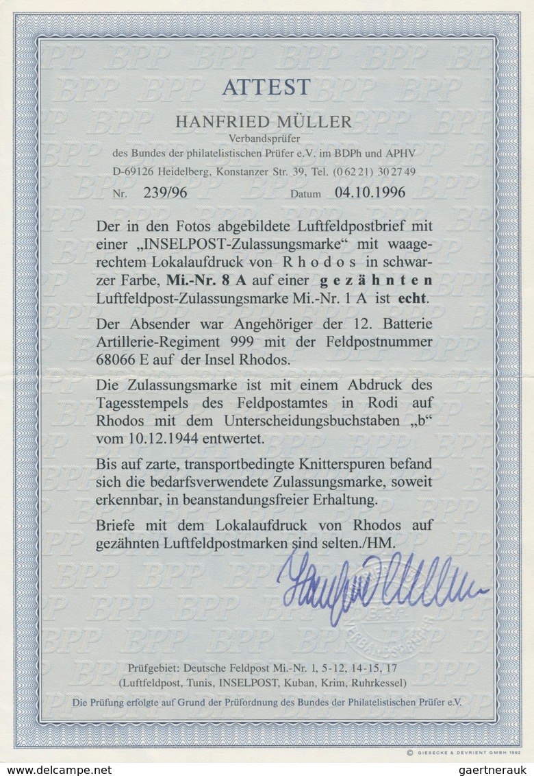 19580 Feldpostmarken: 1944, Luftfeldpostbrief Mit Einer ''INSELPOST-Zulassungsmarke" Mit Waagerechtem Lokal - Other & Unclassified