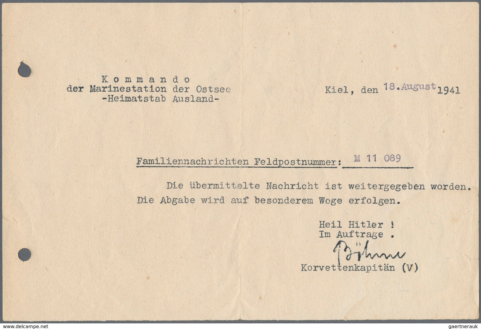 19611 Feldpost 2. Weltkrieg: 1941, (18.8.), Mitteilung (Familiennachricht) Vom Kommando Der Marinestation - Other & Unclassified