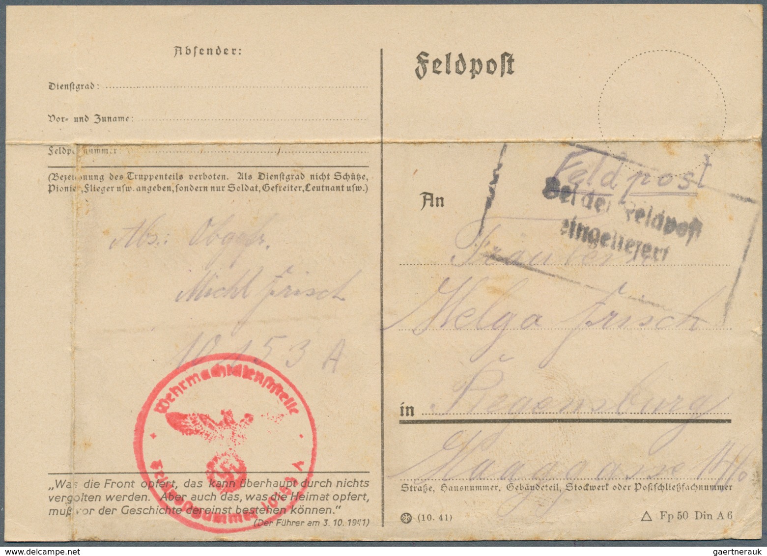 19612 Feldpost 2. Weltkrieg: 1941/1942, Als Adressträger Für Ein Feldpostpäckchen "Front-Heimat" Entsprech - Other & Unclassified