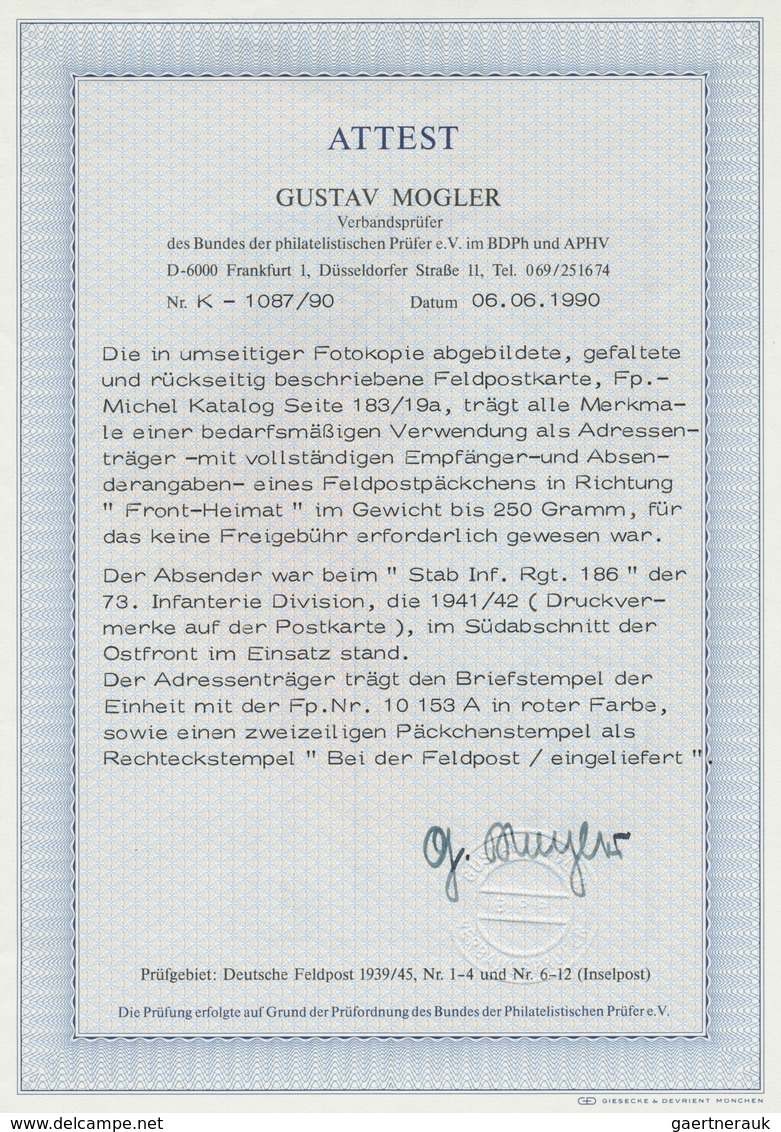 19612 Feldpost 2. Weltkrieg: 1941/1942, Als Adressträger Für Ein Feldpostpäckchen "Front-Heimat" Entsprech - Other & Unclassified