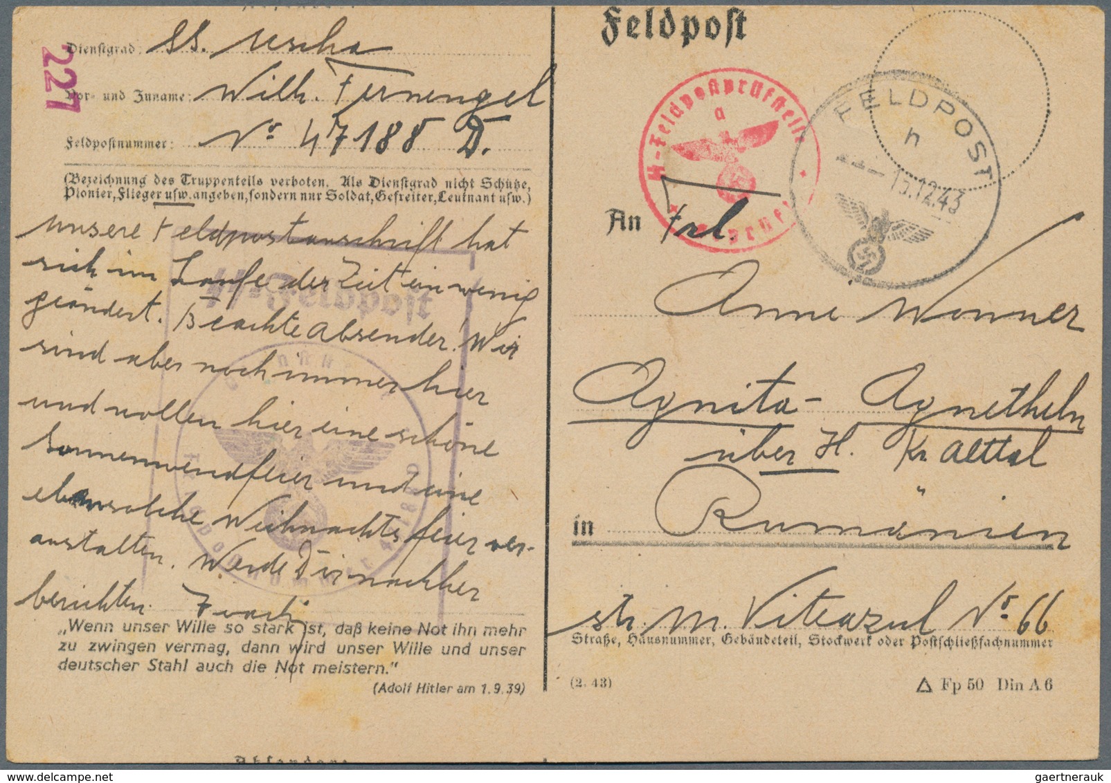 19619 Feldpost 2. Weltkrieg: 1943/1944, Drei FP-KArten Eines Volksdeutschen SS-Angehörigen Bei 47188 (= St - Other & Unclassified