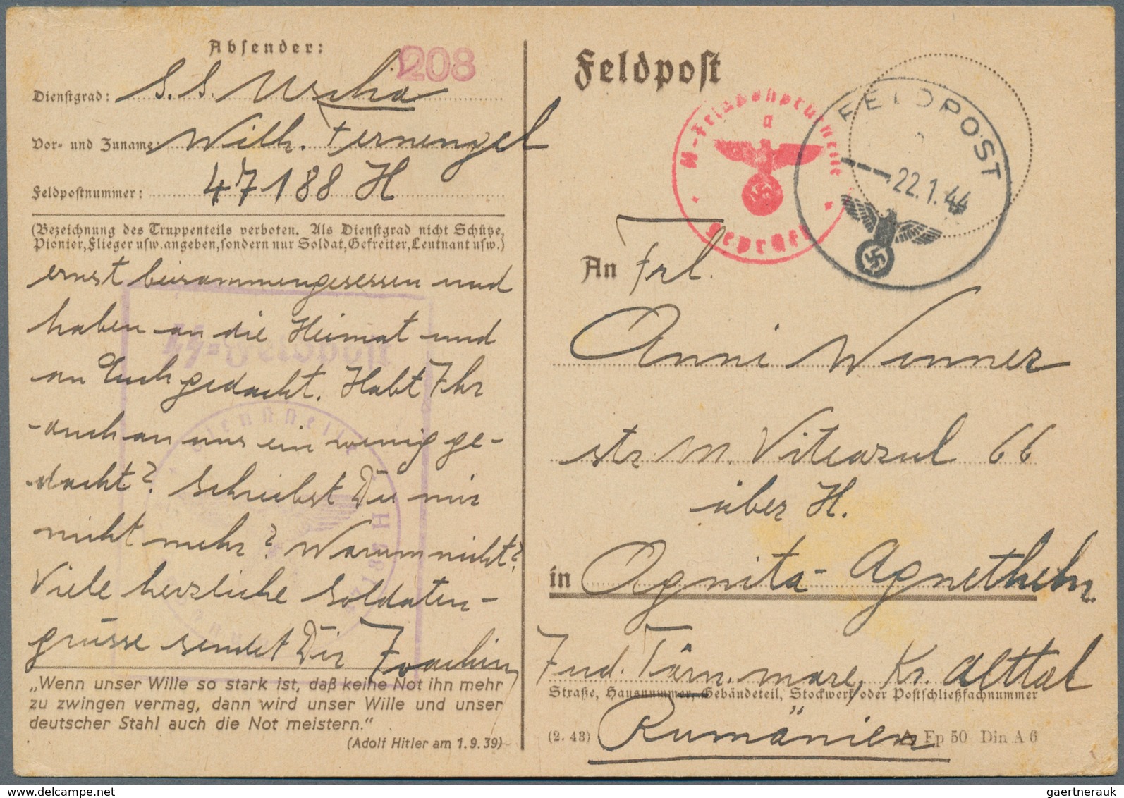 19619 Feldpost 2. Weltkrieg: 1943/1944, Drei FP-KArten Eines Volksdeutschen SS-Angehörigen Bei 47188 (= St - Other & Unclassified