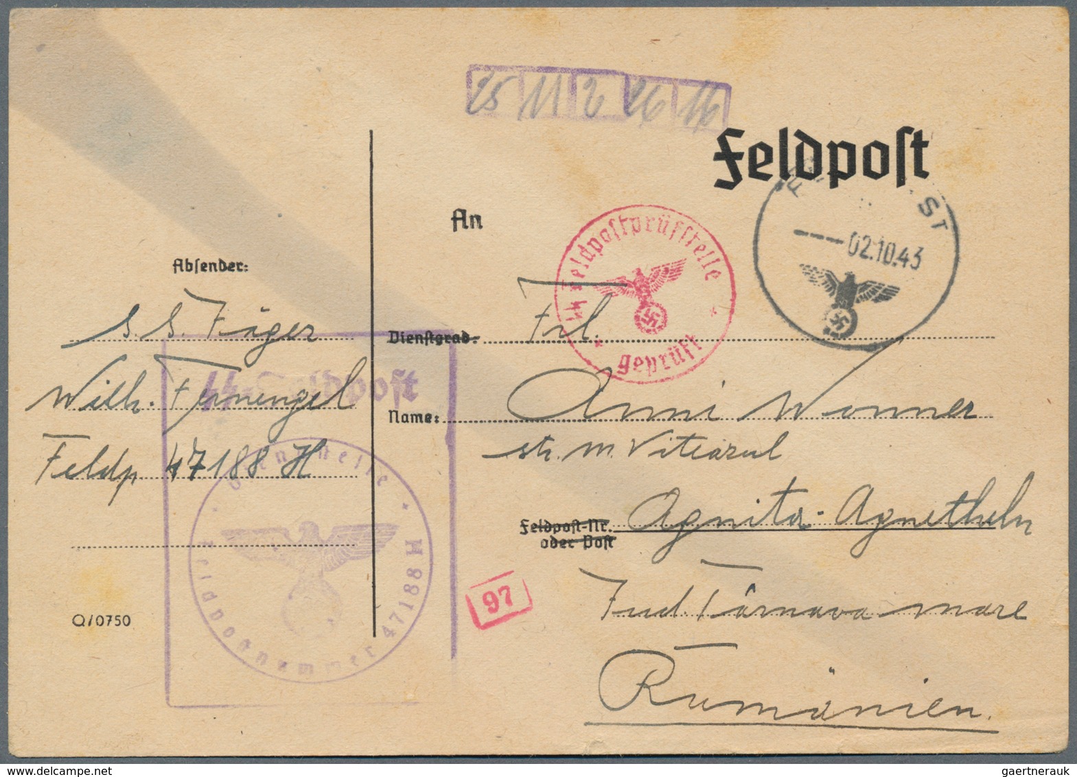 19619 Feldpost 2. Weltkrieg: 1943/1944, Drei FP-KArten Eines Volksdeutschen SS-Angehörigen Bei 47188 (= St - Other & Unclassified