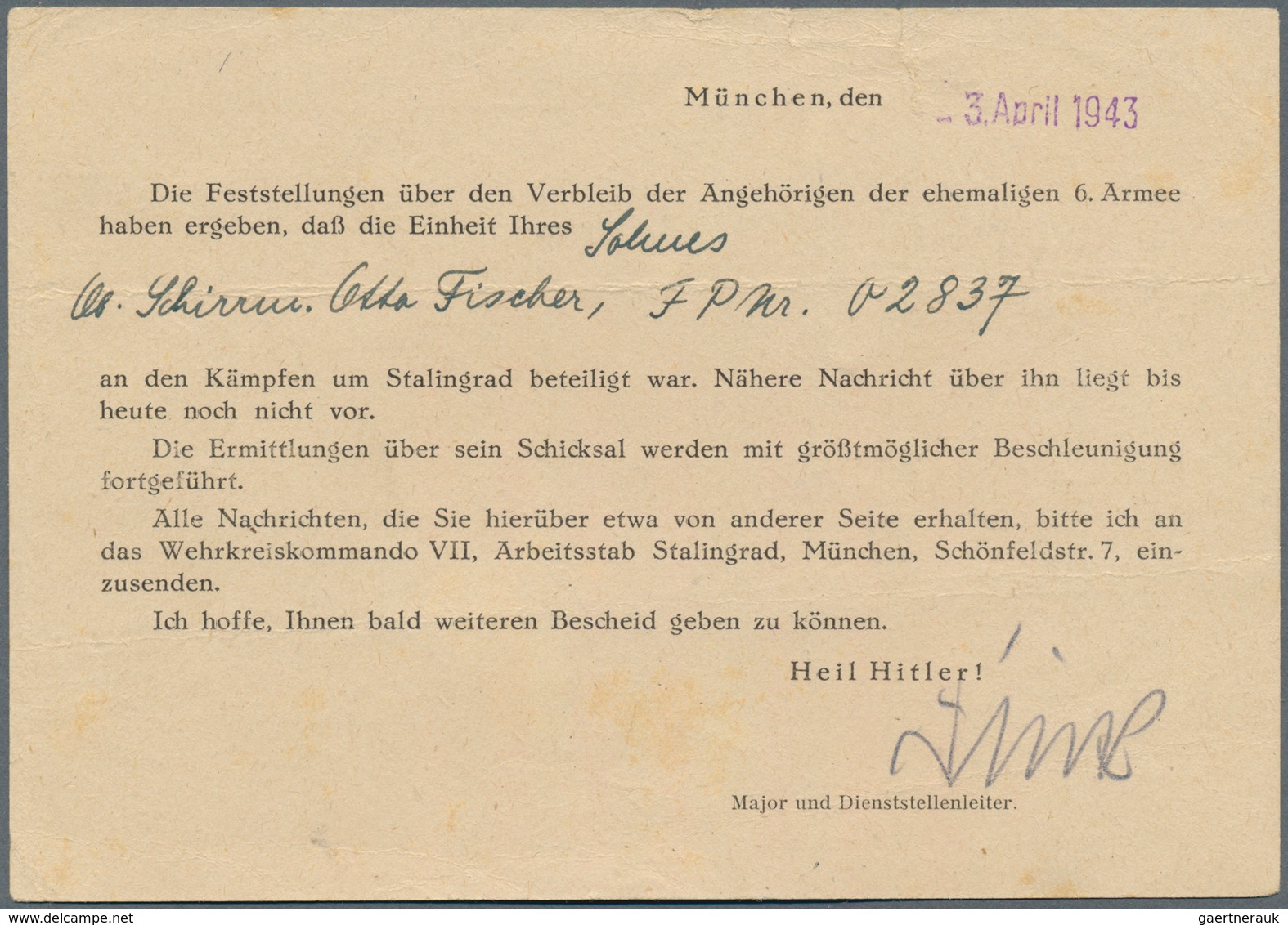 19620 Feldpost 2. Weltkrieg: 1943, drei dienstliche FP-Belege (2 + Vordruckkarte, 1x Brief mit Inhalt, ein