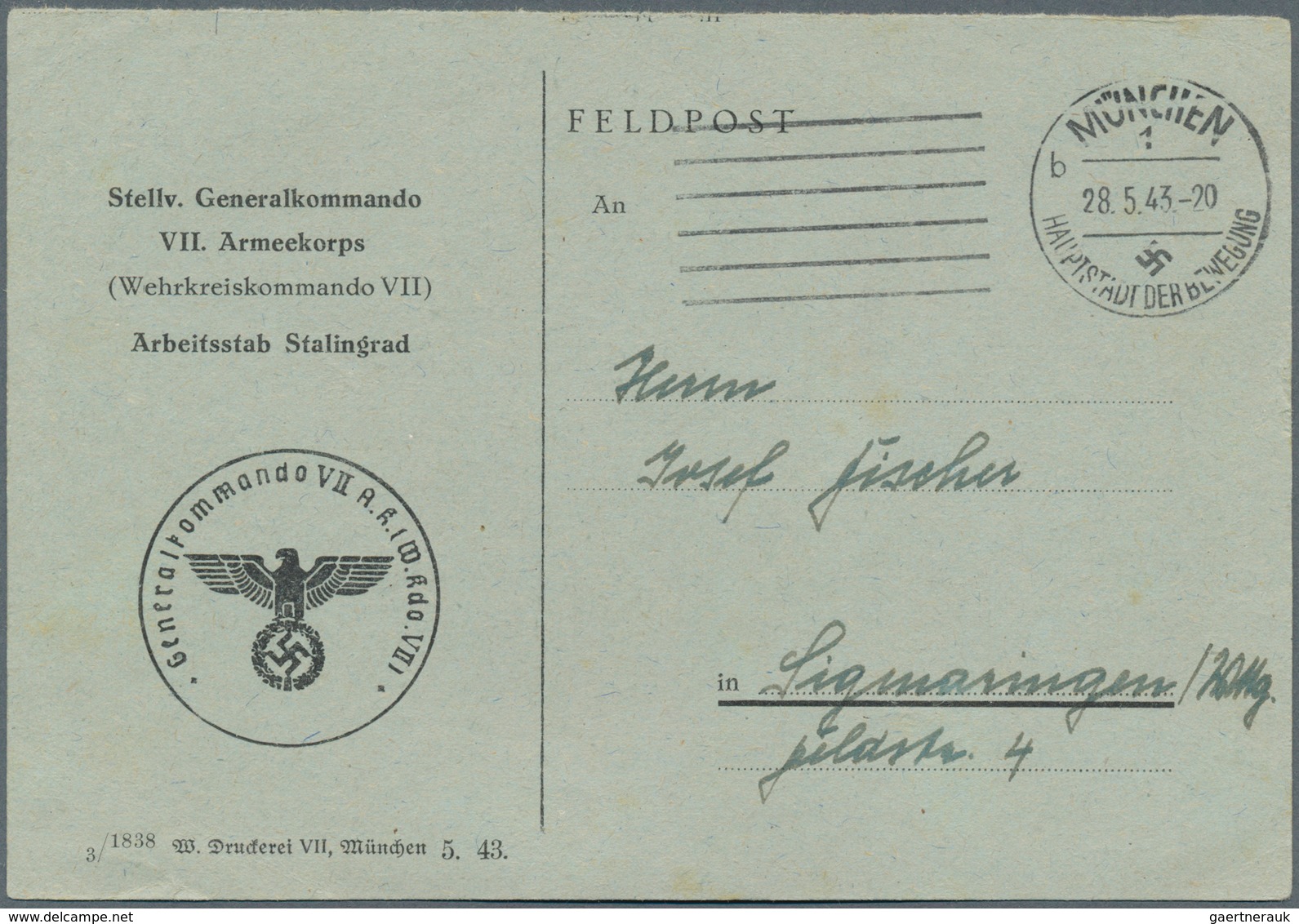 19620 Feldpost 2. Weltkrieg: 1943, drei dienstliche FP-Belege (2 + Vordruckkarte, 1x Brief mit Inhalt, ein