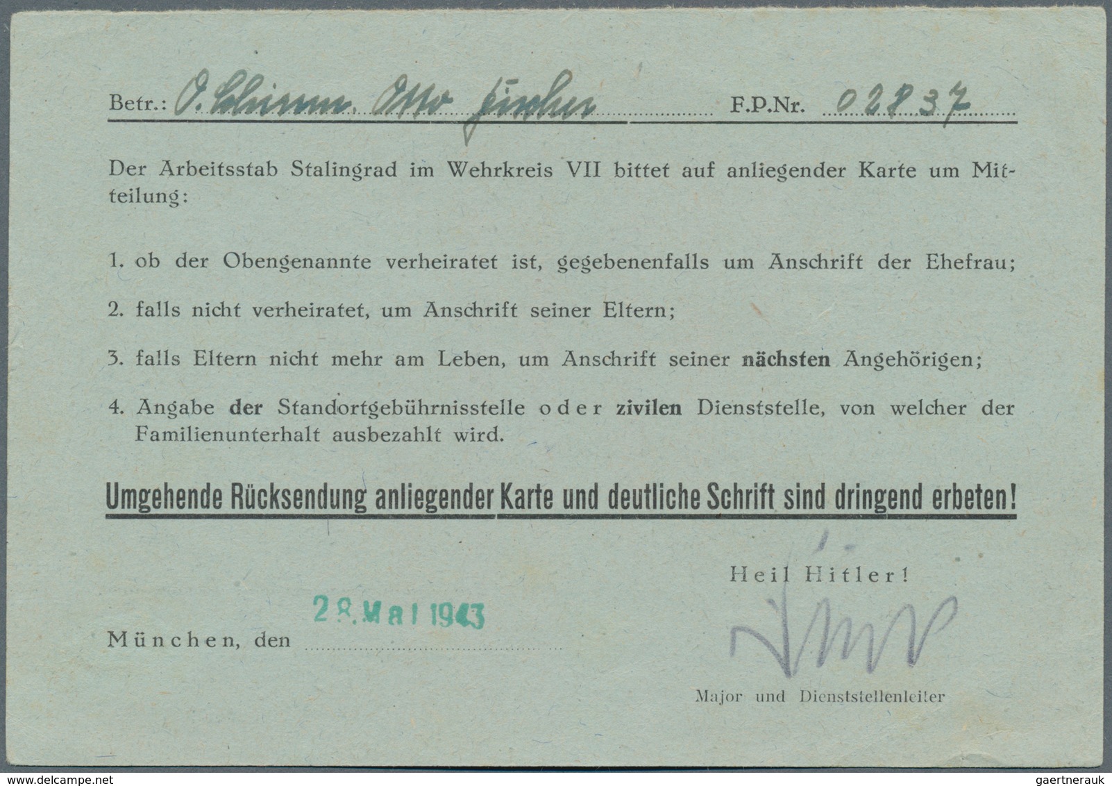 19620 Feldpost 2. Weltkrieg: 1943, drei dienstliche FP-Belege (2 + Vordruckkarte, 1x Brief mit Inhalt, ein