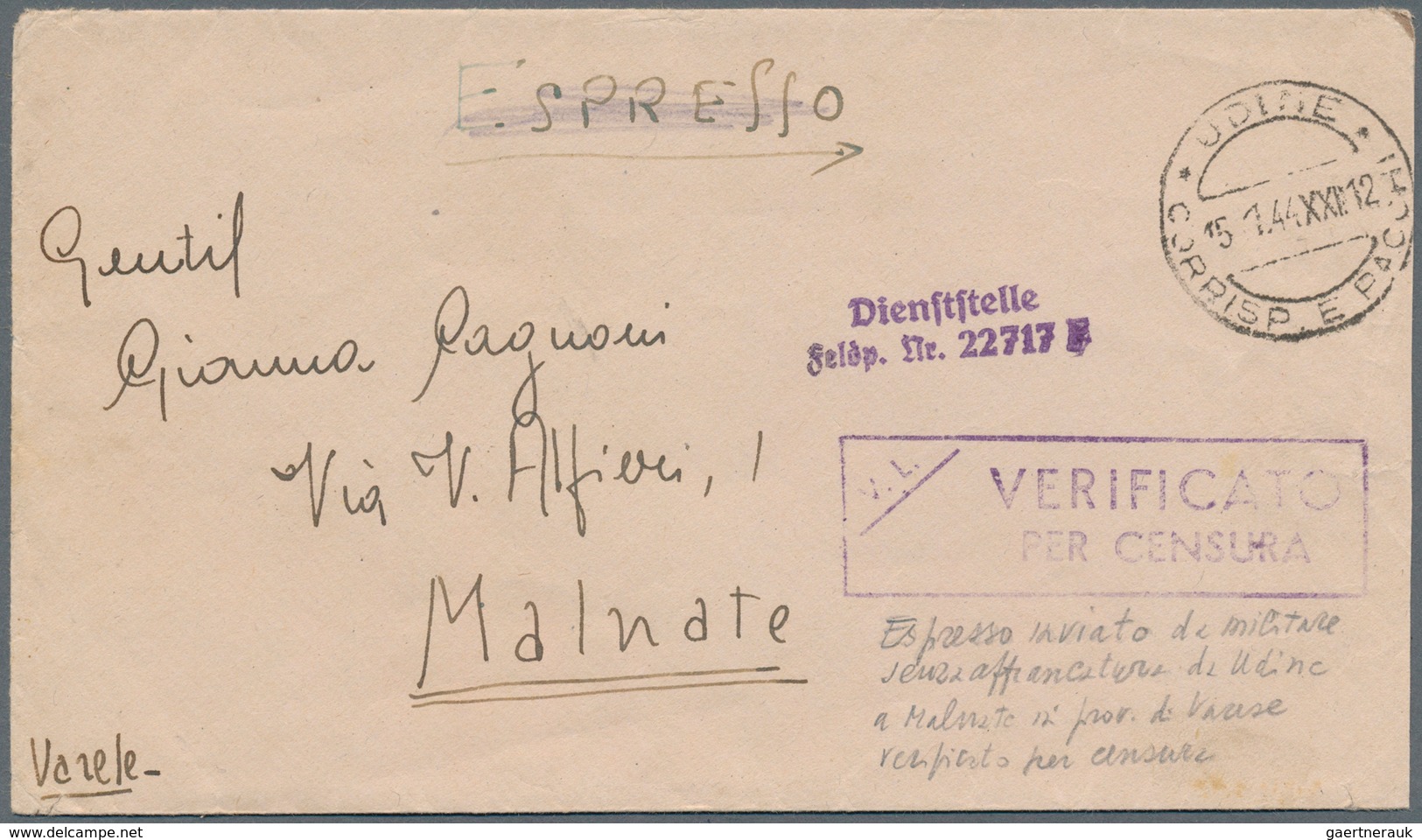 19624 Feldpost 2. Weltkrieg: 1944, Italian Fieldpost-envelope With Violet 1-line Canc. "Dienstelle Feldp. - Other & Unclassified