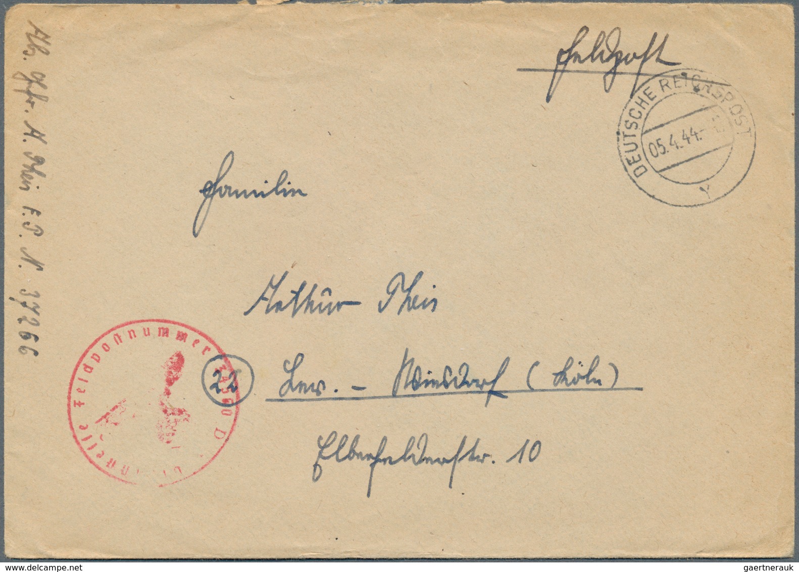 19627 Feldpost 2. Weltkrieg: 1944, Seltener Handstempel "DEUTSCHE REICHSPOST Y" (= Zlin/Protektorat) Auf Z - Other & Unclassified