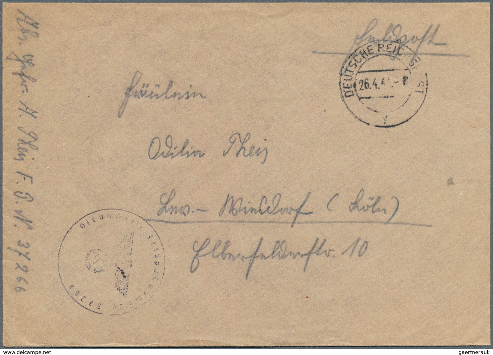 19627 Feldpost 2. Weltkrieg: 1944, Seltener Handstempel "DEUTSCHE REICHSPOST Y" (= Zlin/Protektorat) Auf Z - Other & Unclassified