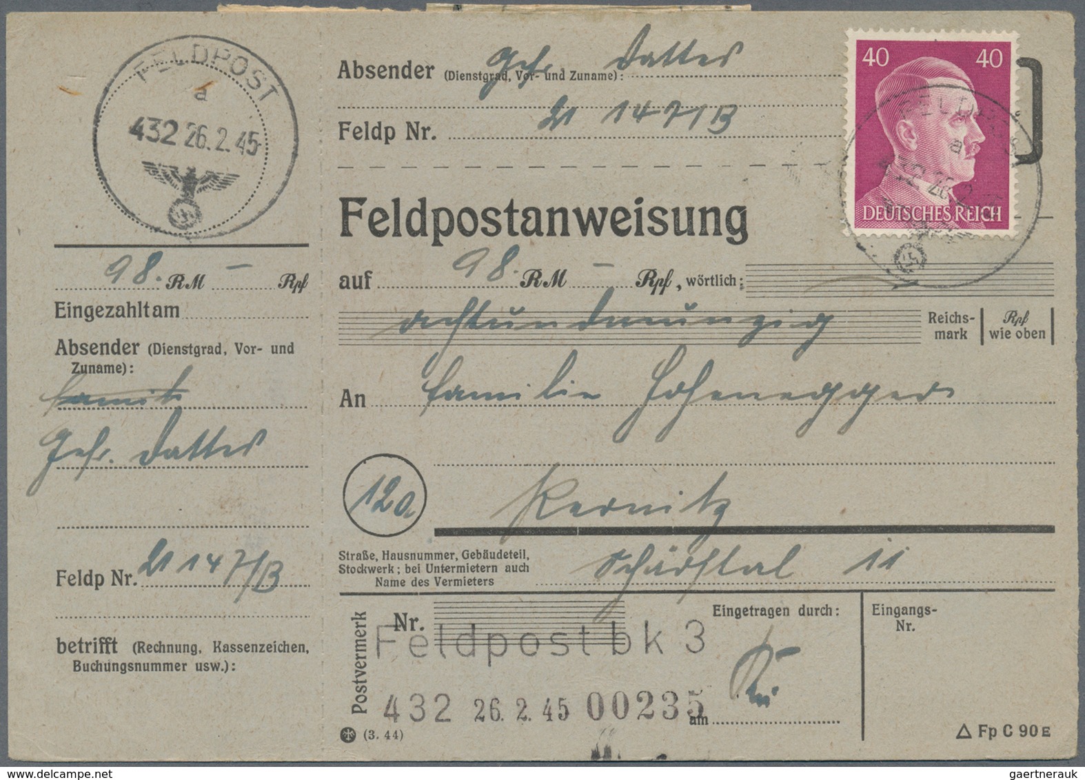 19633 Feldpost 2. Weltkrieg: 1945 (26.2.), Frankierte FP.-Anweisung (Mittelstück Mit Anhängendem Empfänger - Other & Unclassified