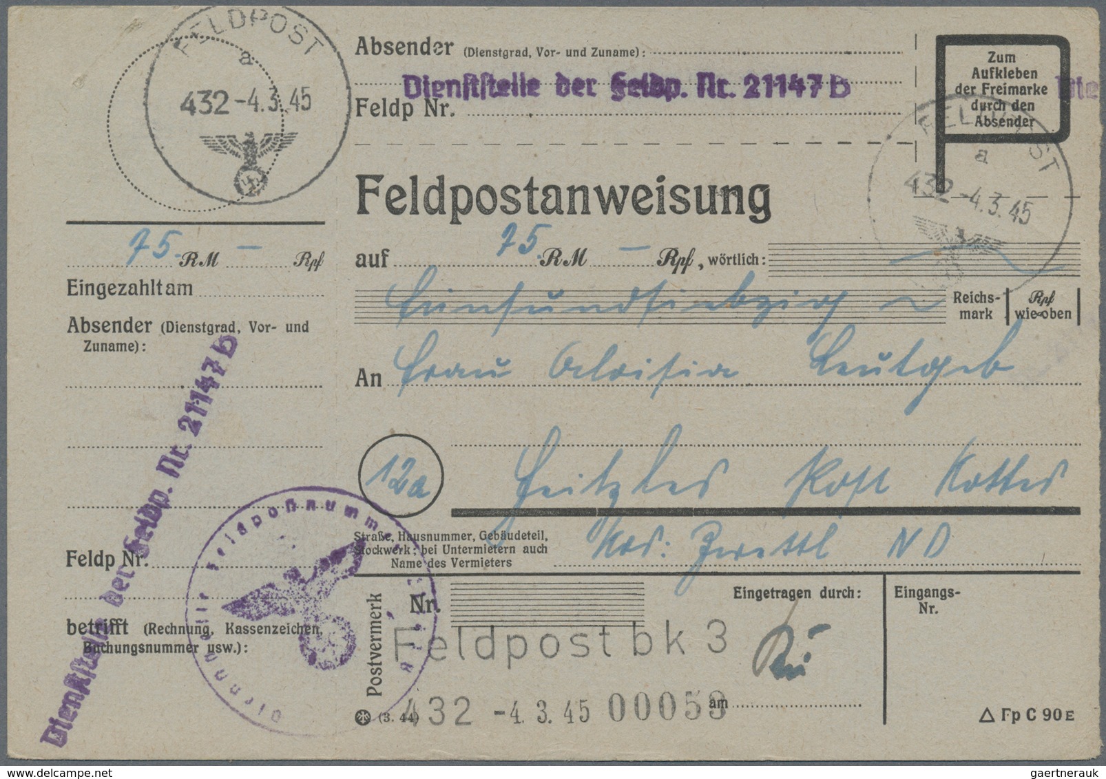 19634 Feldpost 2. Weltkrieg: 1945 (4.3.), Dienstliche FP-Anweisung (Mittelstück Mit Anhängendem Empfängera - Other & Unclassified