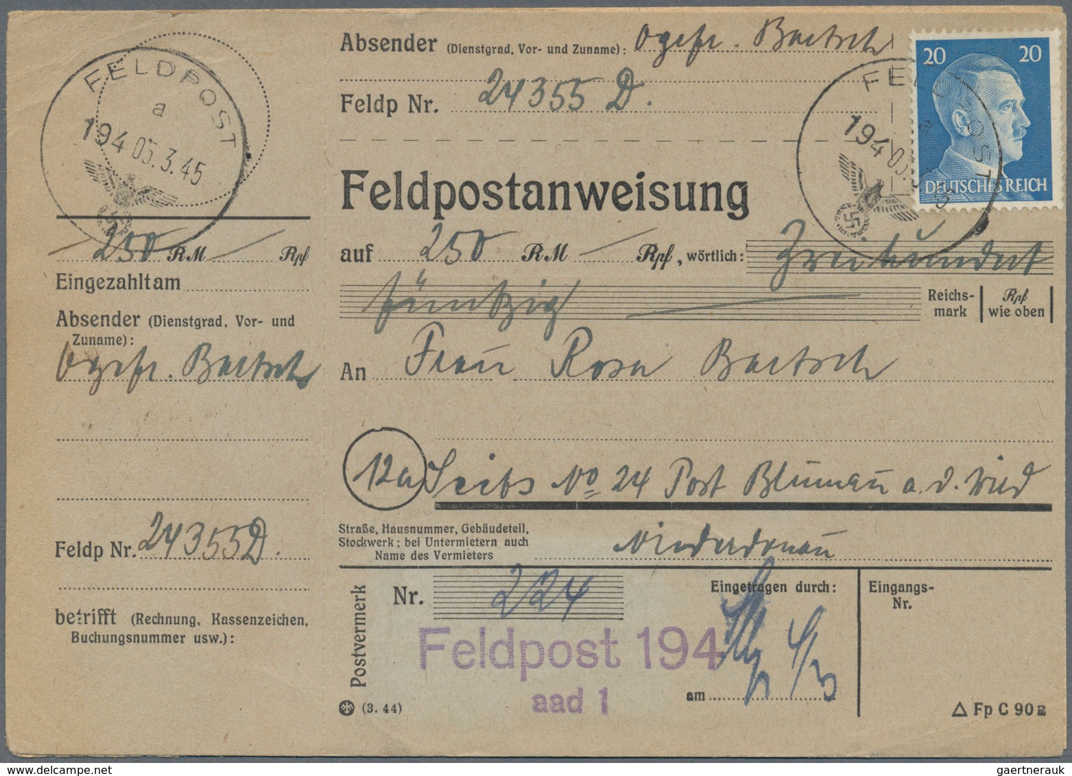 19635 Feldpost 2. Weltkrieg: 1945 (5.3.), Frankierte FP-Anweisung (Mittelstück Mit Anhängendem Empfängerab - Other & Unclassified